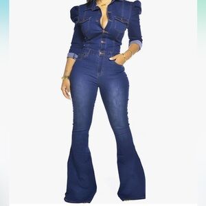 Denim jean jumpsuit romper button puff long sleeve y2k bell bottom flared pants
